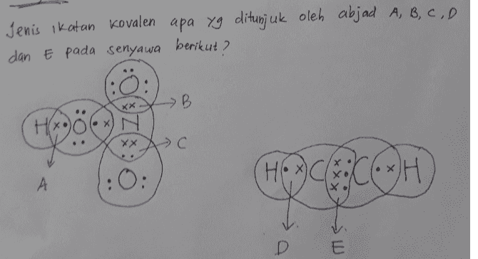 Jenis ikatan Kovalen apa yg ditunjuk oleh abjad A, B, C, D ABD dan E pada senyawa berikut? B XX Xx HO Coco xH : 0: A இதன் D E 