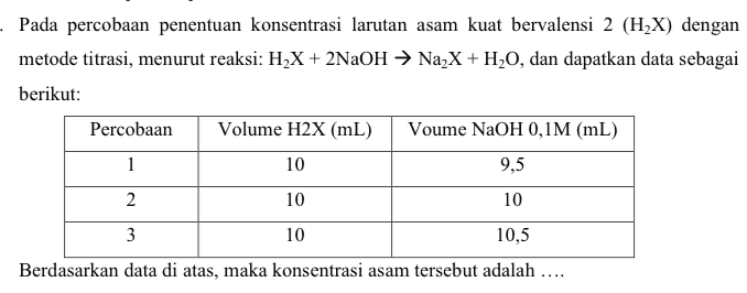 Pada percobaan penentuan konsentrasi larutan asam kuat bervalensi 2 (H2X) dengan metode titrasi, menurut reaksi: H2X + 2NaOH → Na2X + H2O, dan dapatkan data sebagai berikut: Percobaan Volume H2X (mL) Voume NaOH 0,1M (mL) 1 10 9,5 2 10 10 3 10 10,5 Berdasarkan data di atas, maka konsentrasi asam tersebut adalah .... 