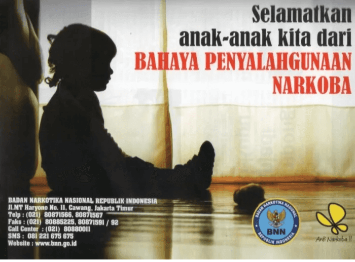 Selamatkan anak-anak kita dari BAHAYA PENYALAHGUNAAN NARKOBA NARKOTIKS ABAN KAS BADAN NARKOTIKA NASIONAL REPUBLIK INDONESIA JL.MT Haryono No. II, Cawang, Jakarta Timur Telp : (021) 80871566, 80871567 Faks: (021) 80885225, 80871591 / 92 Call Center : (021) 80880011 SMS : 081 221 675 675 Website : www.bnn.go.id NASIONALE BNN Andi Narkoba ! HINDONESIA 