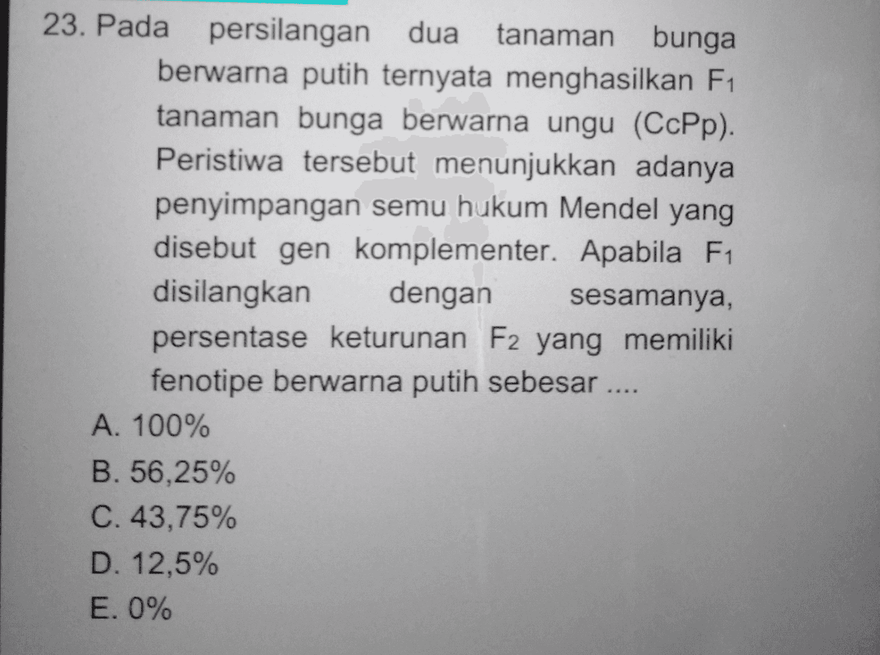 23. Pada persilangan dua tanaman bunga berwarna putih ternyata menghasilkan F1 tanaman bunga berwarna ungu (CcPp). Peristiwa tersebut menunjukkan adanya penyimpangan semu hukum Mendel yang disebut gen komplementer. Apabila F1 disilangkan dengan sesamanya, persentase keturunan F2 yang memiliki fenotipe berwarna putih sebesar .... A. 100% B. 56,25% C. 43,75% D. 12,5% E. 0% 