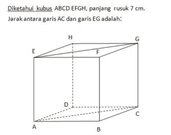 Diketahui kubus ABCD EFGH, panjang rusuk 7 cm. Jarak antara garis AC dan garis EG adalah: H G E E F F D с A B 