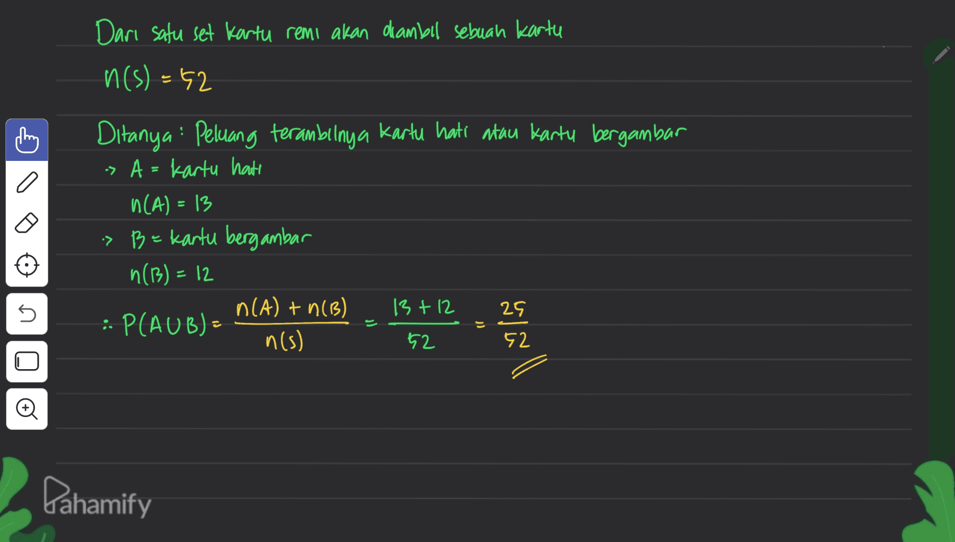 Dari satu set Kartu remi akan diambil sebuah kartu n(s) =62 C Ditanya: Peluang terambilnya Kartu hati atau kartu bergambar > A = kartu hate n(A) = 13 > B = kartu bergambar n(B) = 12 n(A) + n(B) 13 +12 :: P(AUB) - n(s) 는 5 29 j) 251 52 © Pahamify 