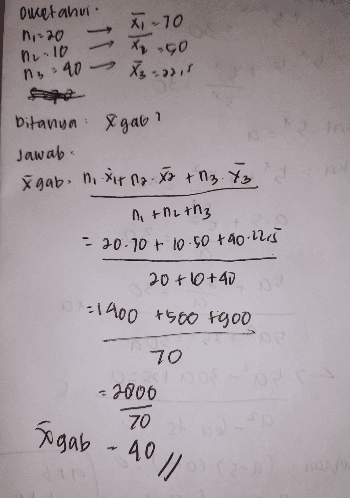 Diketahui n = 20 Xi -70 xn-GO ne-10 13:40 Xz-2011 bitanya X gabi AR IN Jawab. Ý gab. n. xirno X2 + 13. To I in the th3 = 20.10 + 10.50 +60 125 20+ 10+40 D=1400 +500 tgoo 70 2006 70 so gab - 40 / 120 DAN 