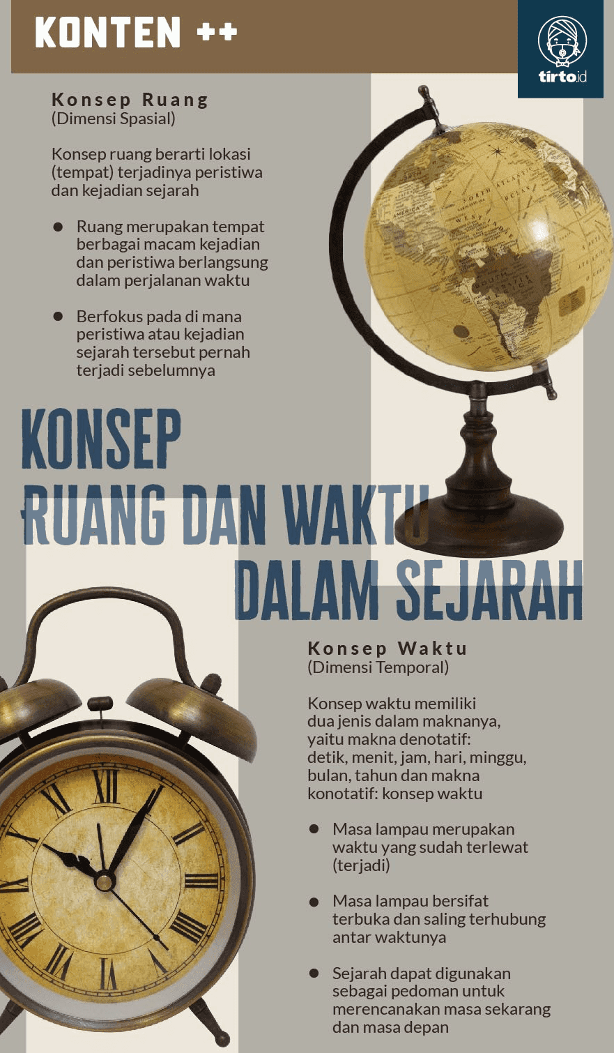 KONTEN ++ Care tirto.id Konsep Ruang (Dimensi Spasial) Konsep ruang berarti lokasi (tempat) terjadinya peristiwa dan kejadian sejarah **** OCE . • Ruang merupakan tempat berbagai macam kejadian dan peristiwa berlangsung dalam perjalanan waktu Hester DU • Berfokus pada di mana peristiwa atau kejadian sejarah tersebut pernah terjadi sebelumnya KONSEP RUANG DAN WAKTU DALAM SEJARAH Konsep Waktu (Dimensi Temporal) Konsep waktu memiliki dua jenis dalam maknanya, yaitu makna denotatif: detik, menit, jam, hari, minggu, bulan, tahun dan makna konotatif: konsep waktu • Masa lampau merupakan waktu yang sudah terlewat (terjadi) • Masa lampau bersifat terbuka dan saling terhubung antar waktunya • Sejarah dapat digunakan sebagai pedoman untuk merencanakan masa sekarang dan masa depan 