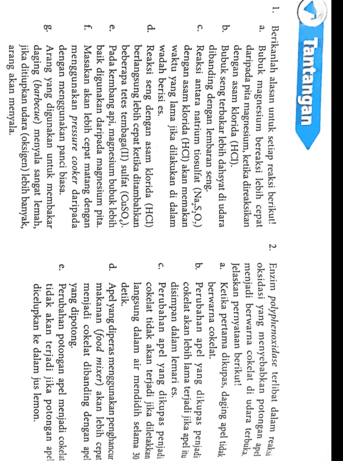 Tantangan Enzim polyphenoxidase terlibat dalam reaksi Berikanlah alasan untuk setiap reaksi berikut! a. Bubuk magnesium bereaksi lebih cepat daripada pita magnesium, ketika direaksikan dengan asam klorida (HCI). b. Bubuk seng terbakar lebih dahsyat di udara dibanding dengan lembaran seng. c. Reaksi antara natrium tiosulfat (Na,3,0,) dengan asam klorida (HCl) akan memakan waktu yang lama jika dilakukan di dalam wadah berisi es. d. Reaksi seng dengan asam klorida (HCI) berlangsung lebih cepat ketika ditambahkan beberapa tetes tembaga(II) sulfat (Cuso.). e. Pada kembang api, magnesium bubuk lebih baik digunakan daripada magnesium pita. f. Masakan akan lebih cepat matang dengan menggunakan pressure cooker daripada dengan menggunakan panci biasa. g. Arang yang digunakan untuk membakar daging (barbecue) menyala sangat lemah, jika ditiupkan udara (oksigen) lebih banyak, arang akan menyala. oksidasi yang menyebabkan potongan apel menjadi berwarna cokelat di udara terbuka Jelaskan pernyataan berikut! a. Ketika pertama dikupas, daging apel tidak berwarna cokelat. b. Perubahan apel yang dikupas penjadi cokelat akan lebih lama terjadi jika apel itu disimpan dalam lemari es. c. Perubahan apel yang dikupas penjadi cokelat tidak akan terjadi jika diletakkan langsung dalam air mendidih selama 30 detik. d. Apel yang diperas menggunakan penghancur makanan (food mixer) akan lebih cepat menjadi cokelat dibanding dengan apel yang dipotong. e. Perubahan potongan apel menjadi cokelat tidak akan terjadi jika potongan apel dicelupkan ke dalam jus lemon. 