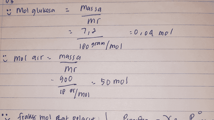 : '" fraks mol Rat pelarus Xpe Ир nptnt o so +0,04 56 SO 104 y p=0.ggg 
Date : . 0 Massa pelarut Cair) 900g massa eat hertarut (glukosa) - 7,2 gram Tekanan lap lenuh pelarut Murni: 25102 mmHg, 7° ? ba: Tekanan lap Jenuh larutan Di . ma 
V3 。 massa ☺ mol glukosa mr 7,2 0,09 mol 180 gram /mol i mol air massa mr . 900 somol 18 ar/mol " frans mol Rat Relarut: Pin 