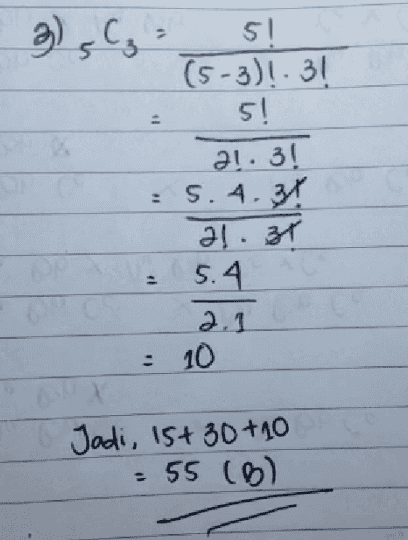 3) (y I 51 (5-3)!.3! 5! a!. 3! S. 4.3 al. 31 1 5.4 2.1 : 10 Jadi, 15+30+10 - 55 (0) 
3! إي :ووداء (2 (1. (3-1) و (2-5) 3 : $6 1. اح اح . إ3 : s.4.3.3 اد. و ام. الخ 3 1 : 5.4 .و 30 
Lo 31 (3-1) 3! 11.2 11 ४ 1)'s Cica '! (5-1)! 1! s। 41.1! 5.41 41.1 TOP :5 3 1 15 . 3!.M 1.-म 5. 