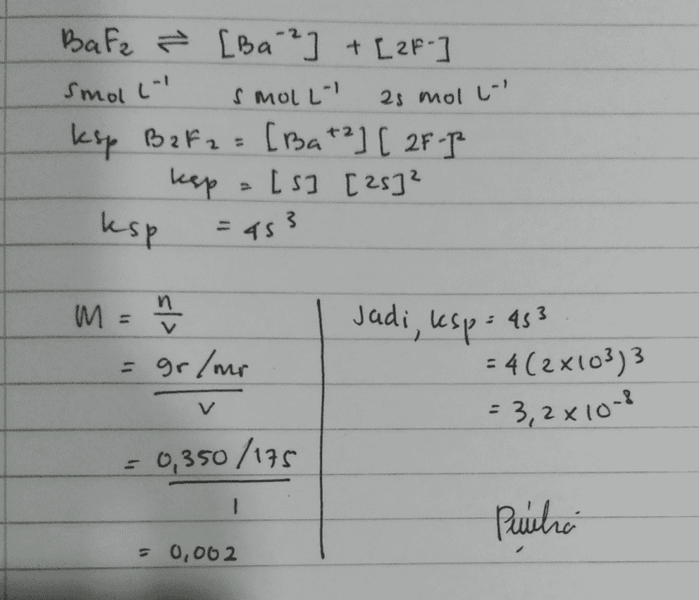 Smol-1 2s moll- Baka ř [Ba ²] + [2F-] S MOLLY ksp BaF z = [Ba *²] [ 2F-7 keep = [s] [26]² ksp = 453 n M = n 무 = gr/mo Jadi, ksp = 453 = 4(2x103) 3 = 3,2x10-8 V = 0,350/175 1 Pucho = 0,002 