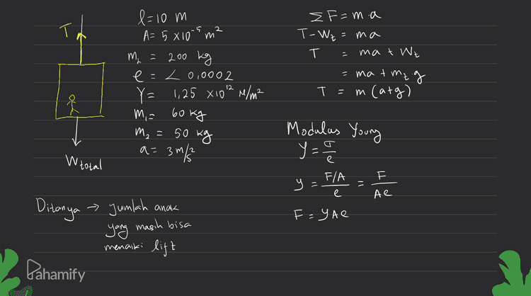 E-T F=T, maka Karena YA e = melatg? m₂ = YAE А+ 1,25 х 10°. 5 хо 20,0002 му 2061,5 M, +үМ, +7 үй, 2015 200 + о + П. 50 / 96,5 И 50 2 +от , и 2 101,5 50 3 4 10 125 x 103 2. 13 и 2 14 03 24 s' 1967 * anak Jadi jumlah bisa naik yang lift adalah \А masih orang Pahamify 
m EF=ma T-Wz = ma T mat Wz matmeg l=10 m A= 5 810-S m = 200 kg 0 e < 0,0002 Y= 1,25 X1012 r/m² m = m₂ = 3 T m carg) oft 60 kg 50 kg a= 3 m/s Modulas Young y == / 등 = W total У y = F/A е e 11 A te Ae Ditanya anak FYAe » Jumlah 9 yang masih bisa lift menaiki Pahamify 