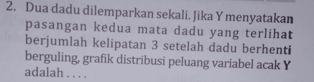 2. Dua dadu dilemparkan sekali. Jika Y menyatakan pasangan kedua mata dadu yang terlihat berjumlah kelipatan 3 setelah dadu berhenti berguling, grafik distribusi peluang variabel acak Y adalah .... 