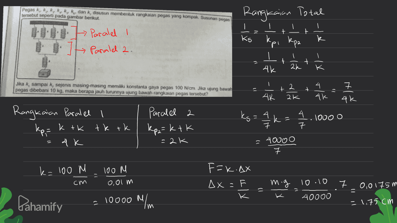 Pegas kek, k, k, kyk, dan k, disusun membentuk rangkaian pegas yang kompak. Susunan pegas tersebut seperti pada gambar berikut. Rangkaian Total || HB: I Ks + Paralel 1 Paralel 2. + .pl م - يا - + } -|* -IX rl + 2k Lue lĚ -1 K FTH Jika k, sampai k, sejenis masing-masing memiliki konstanta gaya pegas 100 N/cm. Jika ujung bawah pegas dibebani 10 kg, maka berapa jauh turunnya ujung bawah rangkaian pegas tersebut? ㅋ 11 + + 2 2K = Ак 4k kg 4 Rangkaian Paralel I Ke= 11 .k= . lovo o tk tk Paralel 2 2 kpa ktk -2k + ktk Ак 귀 40000 11 k= 100 M 100 M F=k.AX AX- cm 0,01 m mig - 10.10 ㅈ = 0,0 175m 1 K A0000 Pahamify 10000 N/m -1.75 cm m 