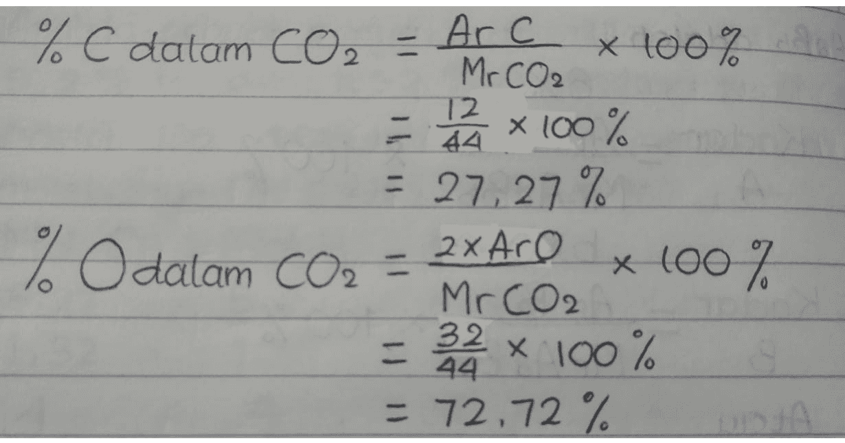 % C datam CO2 Arc * 100% Mr CO2 12. 2 x x 100% 44 = 27,27% % Odatam CO2 = 2x Aro * 100% Mr CO2 32 x 100% 44 = 72,72 % A こ 