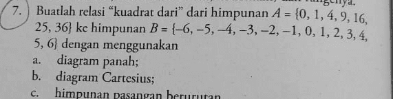 = 7. Buatlah relasi “kuadrat dari” dari himpunan A = {0, 1, 4, 9, 16, 25, 36} ke himpunan B = {-6, -5,-4, -3, -2,-1, 0, 1, 2, 3, 4, 5,6} dengan menggunakan a. diagram panah; b. diagram Cartesius; himpunan pasangan berurutan C. 