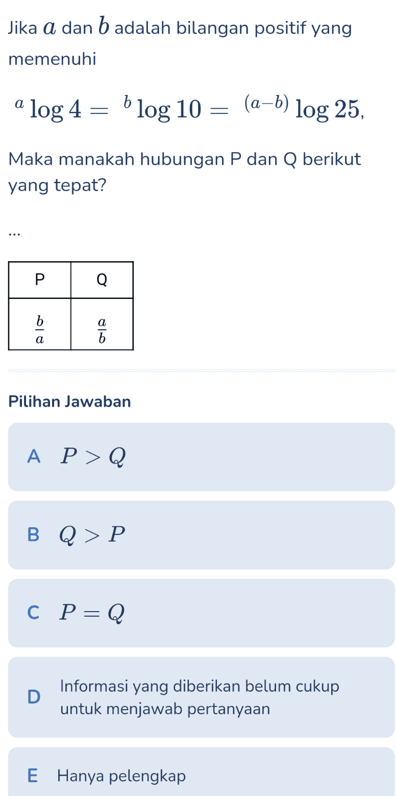 Jika a dan b adalah bilangan positif yang memenuhi a log 4 = blog 10 (a−b) log 25, dan Q berikut Maka manakah hubungan yang tepat? Р Q b ab| a Pilihan Jawaban A P>Q B Q > P CP=Q D Informasi yang diberikan belum cukup untuk menjawab pertanyaan E Hanya pelengkap 