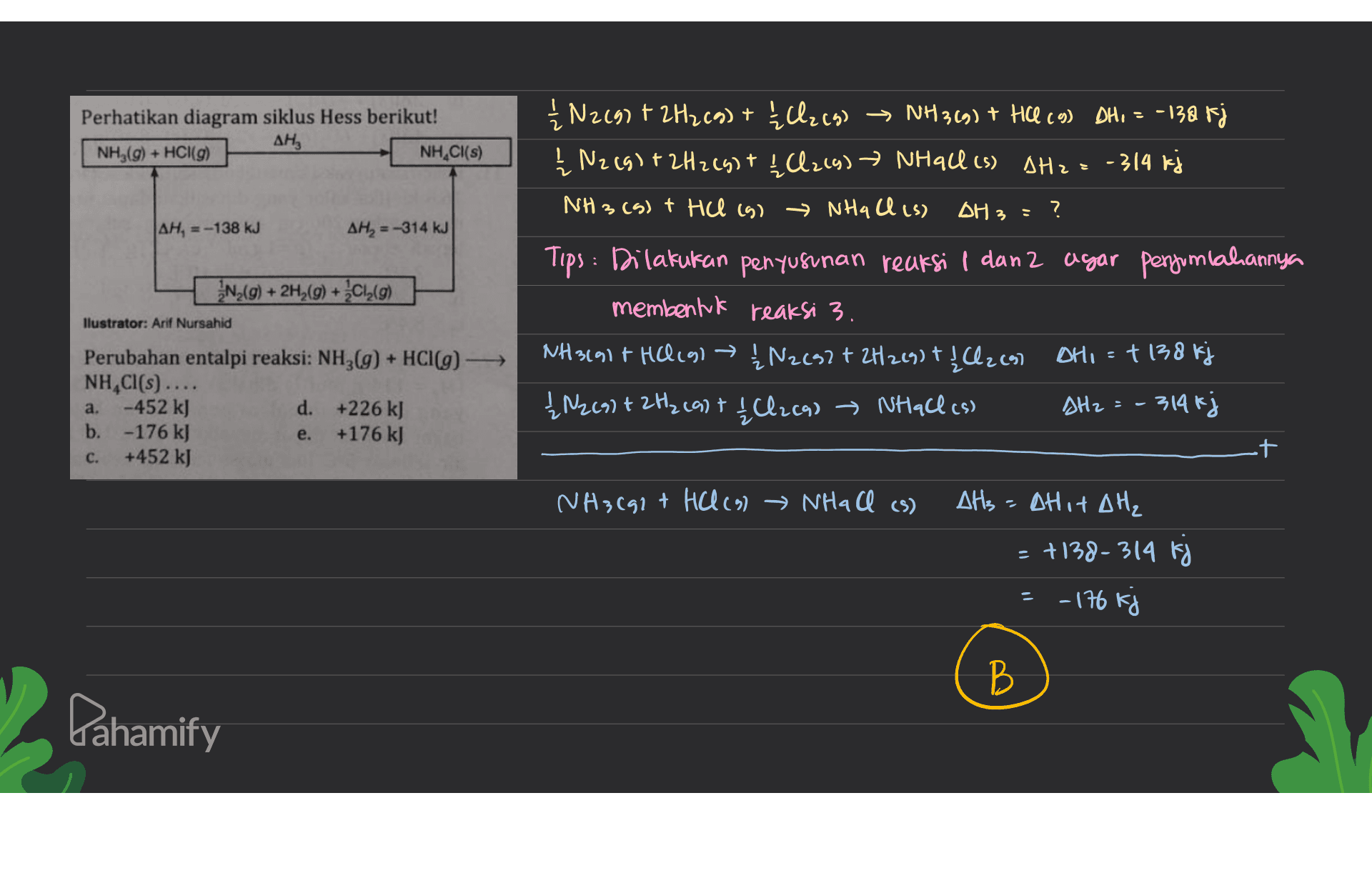 = Perhatikan diagram siklus Hess berikut! NH3(9) + HCl(g) ΔΗ, NH,Cl(s) ΔΗ, : = -138 kJ AH, = -314 kJ Ź N2(g) + 2H2(g) + 1/{ll2(g) → NH3(g) + HCl (9) DH, - 138 Fj Ź N2 (9) + 2H2(g) + Cl24) NHall (s) AH2 = -314 kj NH3 (5) + HCl (9) NH4Cl (s) AH 3 = ? Tips : Dilakukan penyusunan reaksi I danz agar perguntahannya membentuk reaksi 3. NH3191+ Hal 191 1 N2(92 + 2H269) + { Cl2c97 DHi = +138 Fj {N2 (9) + 2H2 (9) + 1 (1269) Nhaclis) TH2 =-314 kj et N2(g) + 2H2(g) + C12(9) llustrator: Arif Nursahid - a. Perubahan entalpi reaksi: NH3(g) + HCI(g) - NH,Cl(s) .... -452 kJ d. +226 kJ b. -176 kJ e. +176 kJ +452 kJ C. NH3(gl HCl(s) Nha Cl (s) AHz - AHit OH = +138-314 kj - 176 kj B В Dahamify 