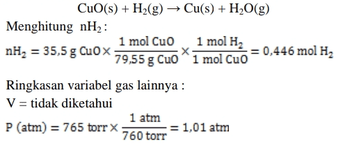 CuO(s) + H2(g) → Cu(s) + H2O(g) Menghitung nH2 : 1 mol Cuo 1 mol H2 nH2 = 35,5 g CuOx = 0,446 mol H2 79,55 g Cuo 1 mol Cuo Ringkasan variabel gas lainnya : V = tidak diketahui 1 atm P (atm) = 765 torr = 1,01 atm 760 torr 