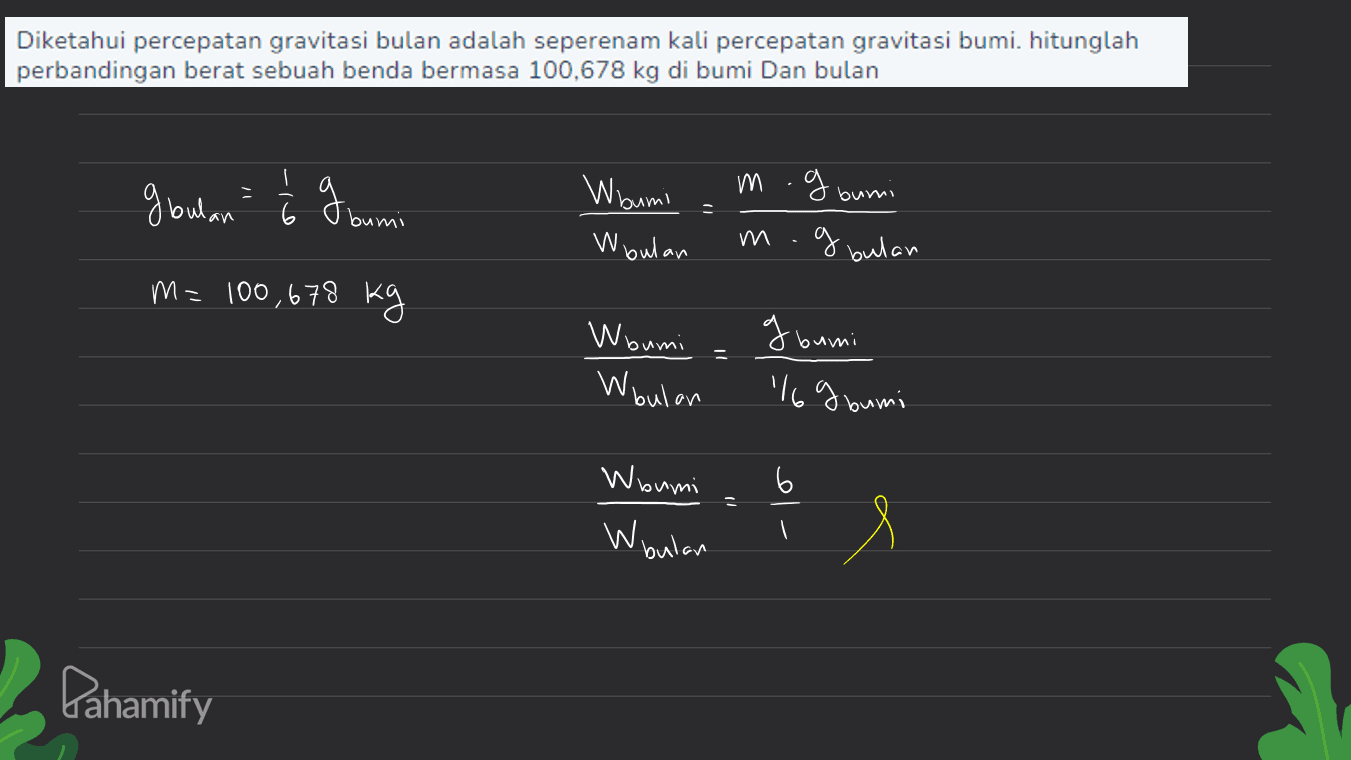 Sejumlah gas ideal yang berada pada tekanan P pada suhu 127°C memilki energi kinetik raata-rata 2 x 10^-20 joule. Gas lalu mengalami proses isokhorik hingga tekanannya menjadi 2P. Hitung energi kinerik rata-rata partikel pada keadaan akhir! # Ek, T = 127°C 400 K - Energi kinetik rata? Ek = 3 KT 3 2 Eka Ek, = 2x10-20 g 3/2k Tz 3/2k Ti з, и Eki く、 P2=2 Pi # 1 Cari Suhu akhir Р. К. P2 lk T EK 2 = Tz Iz . Ek, 2 = Ti Isokhorik= Volume Tetap = Tz P2. Ti = 800 2 xio 11 في تما هانه با 400 -20 400 4 X10 J Pahamify Ta=800 K 