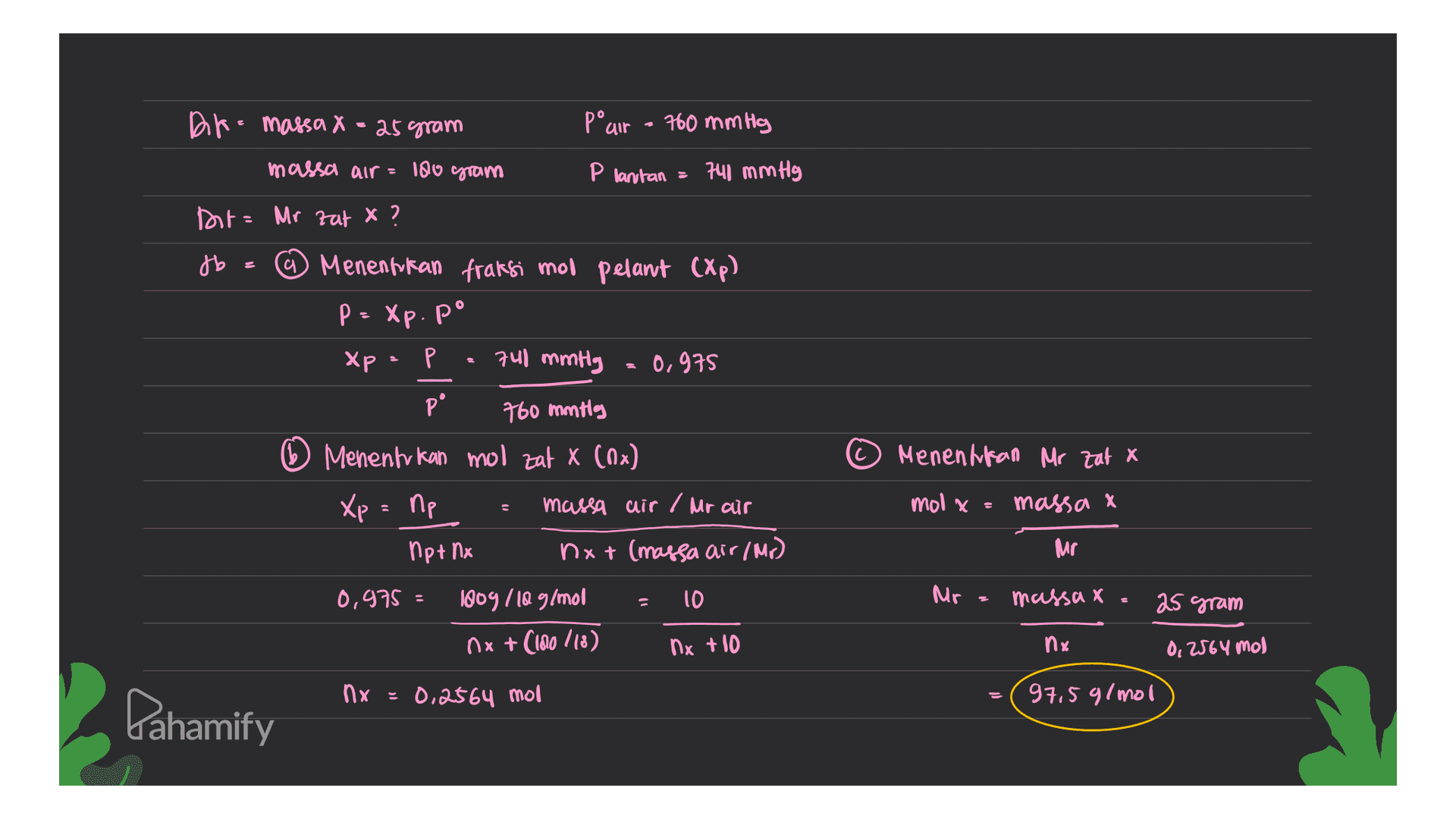 180 gram Dk- massa x = 25 gram P'air - 760 mmHg massa air = P lantan = 741 mmHg Dor= Mr zat x? Jb fb = ② Menentukan fraksi mol pelant (xp) P = Xp.pº Xp Р 741 mmtly = 0,975 pº 760 mmtig Menentukan mol zat x (0x) Xp = np massa air / Mr air npt nx nxt (massa air/Mr) Menentifan Mr zat x mol x - massa Mr 0,975 = 10 Mr massa X 25 gram 1809/10 g/mol nx +(180/18) nx + 10 nx 0.2564 mol Пх 0.2564 mol 97,5 g/mol Pahamify 