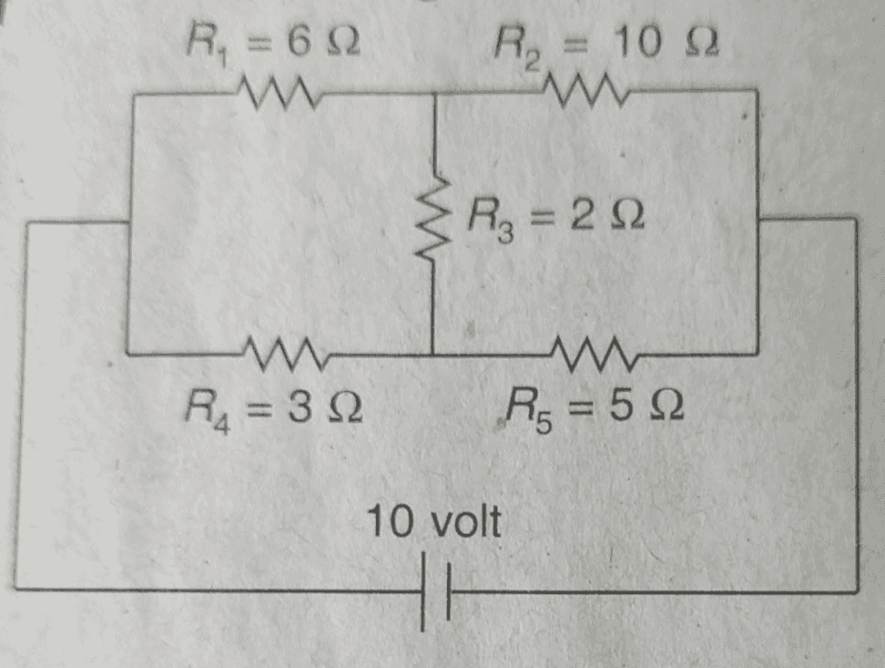 R, = 6Ω R, - = 10 Ω = 2 Ω M R = 3Ω Rς = 5Ω 10 volt Η 
