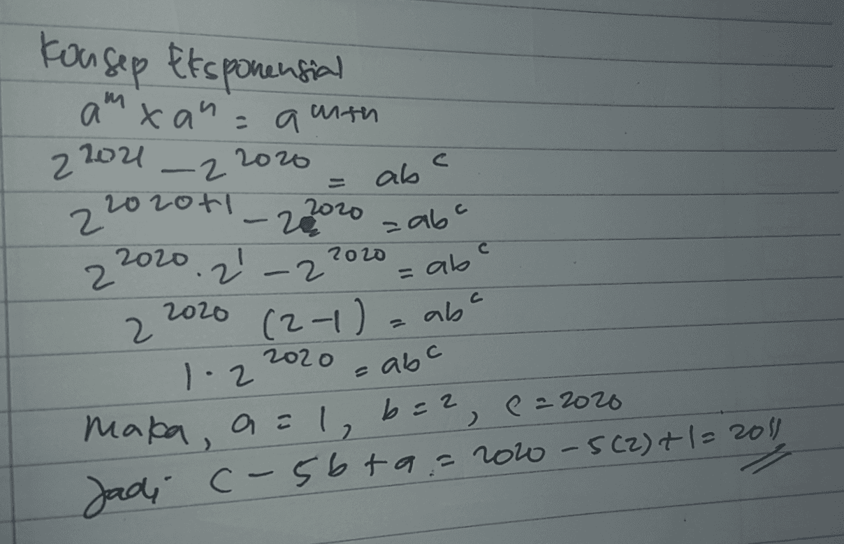 konsep Eksponensial m м auxan = auth 2 -2 o6 100+ 21ри - доо ab =abc 2 - - с 2020 поо 2 о. - 2016 (1) = ab abc 2. o2 о abc 1. 2. Man, os I, L=1, = 2020 даа, с – sb fa 2 oko - scz)+1= 20 (1) 