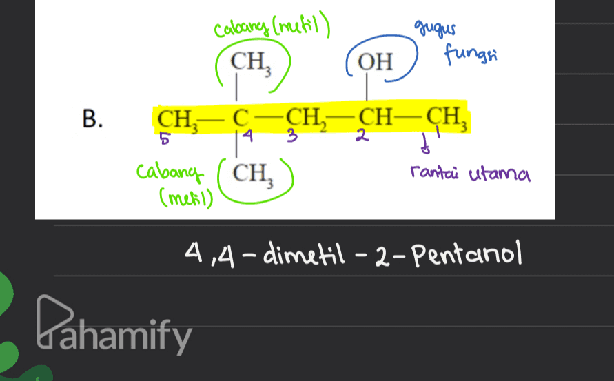 cabang (mefil) CH gugus fungsi OH B. 5 4 3 2 CH-C-CH-CH-CH, 19 ' Caband CH rantai utama (metil) 4,4-dimetil- 2- Pentanol Pahamify 