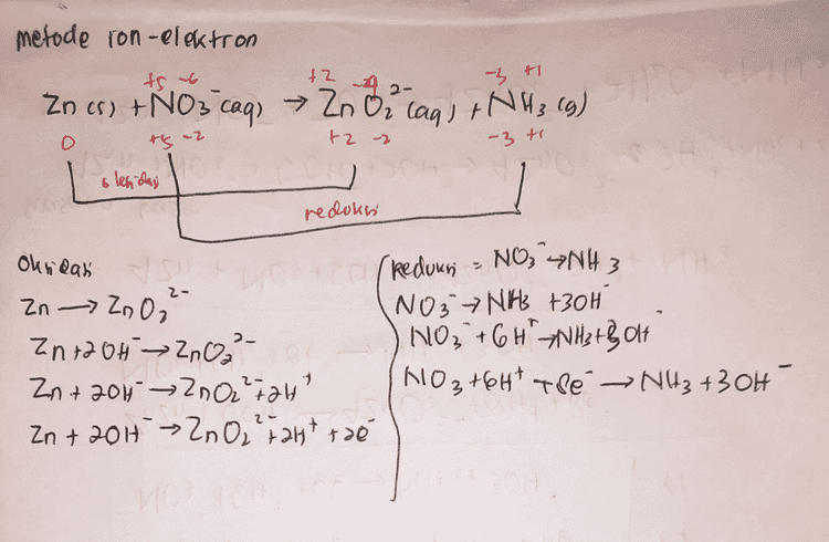 Total 2n 204 - 200,"120 Noje - N304 42n + POH → Azn 0% ont Boi NO3 +6H 100 ~ NH, 1300 420 Noorsch 4200," :24+ NH2 42n NO 3 +504 + 2016 4 ZnO, "in 24 Ny , 2011 = 42n + NO5 +70474ZnO," + 2 H2O ANHA Suasana hasa g Onday 2n) -20, redder Nos cap) N Hs (9) Ouidador NOcomo) - NH (9) redactor Zos) → ZnO i cayl 
metode ion-elektron ts as Zn es) + NO3 caq) → Zn Di Cags PM + NH₃(g) O igaz tz - -3 to 6 s lenches redoks okndah 2- Reduksi - NO, -7N43 Zn -> Zn Oz NO3 → NH3 +30H Zn +20th 2002 - NO3 +6H xH AB Olt Zn + 204 Z002²724 HO3 +6Ht The NH3 +30H Zn + 2014 → ZnO₂ + 2H+ təé 