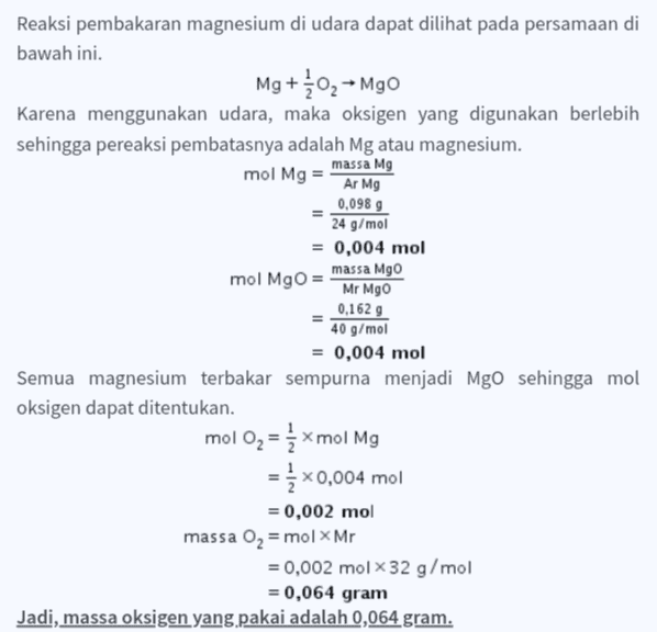 Reaksi pembakaran magnesium di udara dapat dilihat pada persamaan di bawah ini. Mg +402 Mgo Karena menggunakan udara, maka oksigen yang digunakan berlebih sehingga pereaksi pembatasnya adalah Mg atau magnesium. massa Mg mol Mg = Ar Mg 0,098 9 24 g/mol = 0,004 mol mol MgO = massa Mgo Mr Mgo 0,162 g 40 g/mol = 0,004 mol Semua magnesium terbakar sempurna menjadi Mgo sehingga mol oksigen dapat ditentukan. mol 02 = { xmol Mg = { x 0,004 mol = 0,002 mol massa O2 = mol x Mr = 0,002 mol X 32 g/mol = 0,064 gram Jadi, massa oksigen yang.pakai adalah 0,064 gram. 