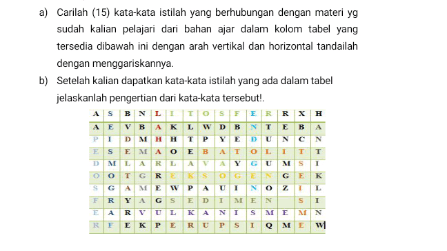 a) Carilah (15) kata-kata istilah yang berhubungan dengan materi yg sudah kalian pelajari dari bahan ajar dalam kolom tabel yang tersedia dibawah ini dengan arah vertikal dan horizontal tandailah dengan menggariskannya. b) Setelah kalian dapatkan kata-kata istilah yang ada dalam tabel jelaskanlah pengertian dari kata-kata tersebut! AS BNLT TO SF ER RX H A E V B A K L W DB NTE PI DMHH TP Y ED UNC EMA O EBAT OLIT MLARLAV A Y GU O O T GREKS S GAME WPA UINO Z 1 L R Y AGS E DIMENSI R VULKANISME IQ w A N ES т D 1 MS G E OG K F E А MIN 4 RE Ε Κ Ρ E RU PS M E 