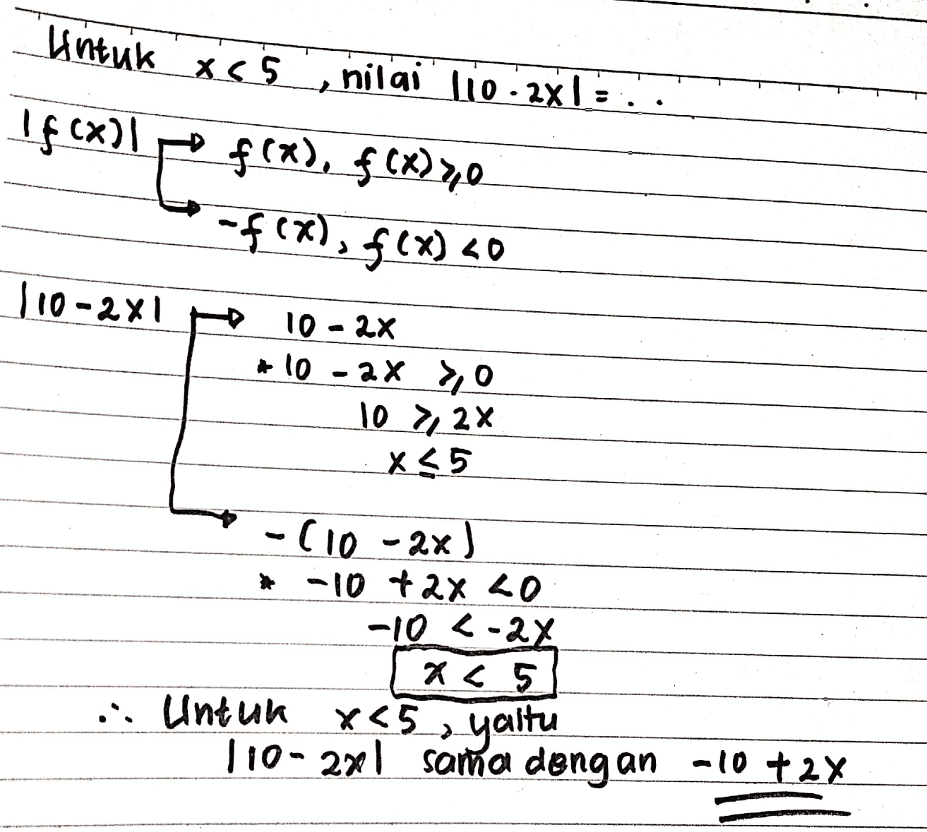 Untuk xc5 nilai Tio: 2x1 = 1fCX) f(x), f(x) >70 -f(x), f(x) < 40 110-2x1 10 - 2x #10 - 2x > 10 > 2x x 55 - (10-2x) * -10 + 2x 40 -10-2x ac 5 .. Untuk x<5 , yaitu 110- 2x1 sama dengan -10 + 2X 