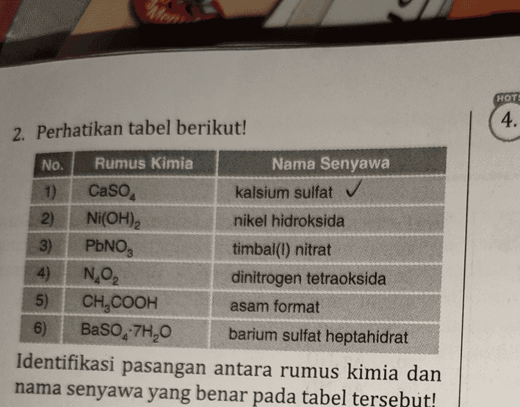 Men HOTE 4. 2. Perhatikan tabel berikut! No. Rumus Kimia Nama Senyawa 1) CaSO4 kalsium sulfat ✓ 2) Ni(OH)2 nikel hidroksida 3) PBNO, timbal(1) nitrat 4) N,O2 dinitrogen tetraoksida 5) CH,COOH asam format 6) BaSO47H,0 barium sulfat heptahidrat Identifikasi pasangan antara rumus kimia dan nama senyawa yang benar pada tabel tersebut! 
1 Casou Kalsum Sulfat Niloth: nitel huroksida. Pb No3 & timbal (I) nitrat Ny O₂ : tetranimoyen dioksida Oz . Ch Cour asom asetat BaSO4.7H2O : 카 Barium sulfat heptahidrat 
2. 1). Caso4 Kalsium sulfat 2). NICOH)2 : Nikel (II) Hidroksida HS 3). Pb NO3 : Timbal ci) lrat ons 4). N402 : Tetranimogen Dioksida s). CH3COOH : Asam Acetat 6). Pasda. 7 H2O: Bartum sulfat hepta hidrat . : 