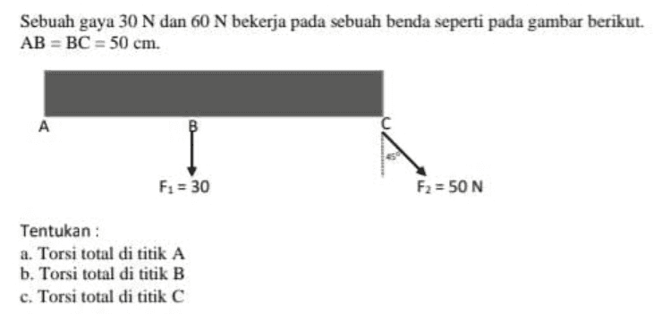 Sebuah gaya 30 N dan 60 N bekerja pada sebuah benda seperti pada gambar berikut. AB = BC = 50 cm. A Fi = 30 F2 = 50 N Tentukan : a. Torsi total di titik A b. Torsi total di titik B c. Torsi total di titik C 