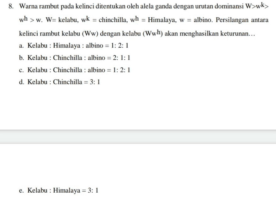 8. Warna rambut pada kelinci ditentukan oleh alela ganda dengan urutan dominansi W>wk> wh > w. W= kelabu, wk = chinchilla, wh = Himalaya, w = albino. Persilangan antara kelinci rambut kelabu (Ww) dengan kelabu (Wwh) akan menghasilkan keturunan... a. Kelabu : Himalaya : albino = 1: 2: 1 b. Kelabu : Chinchilla : albino = 2: 1:1 - c. Kelabu : Chinchilla : albino = 1: 2: 1 - d. Kelabu : Chinchilla = 3: 1 - e. Kelabu : Himalaya = 3: 1 