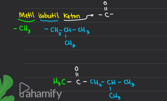 =0 Metil isobutil Keton - C- - CH₂ - CH₂ CH = CH 3 2 1 CH₃ O Pahamify H₃C- C- CH₂ - CH - CH₃ CH₃ I 