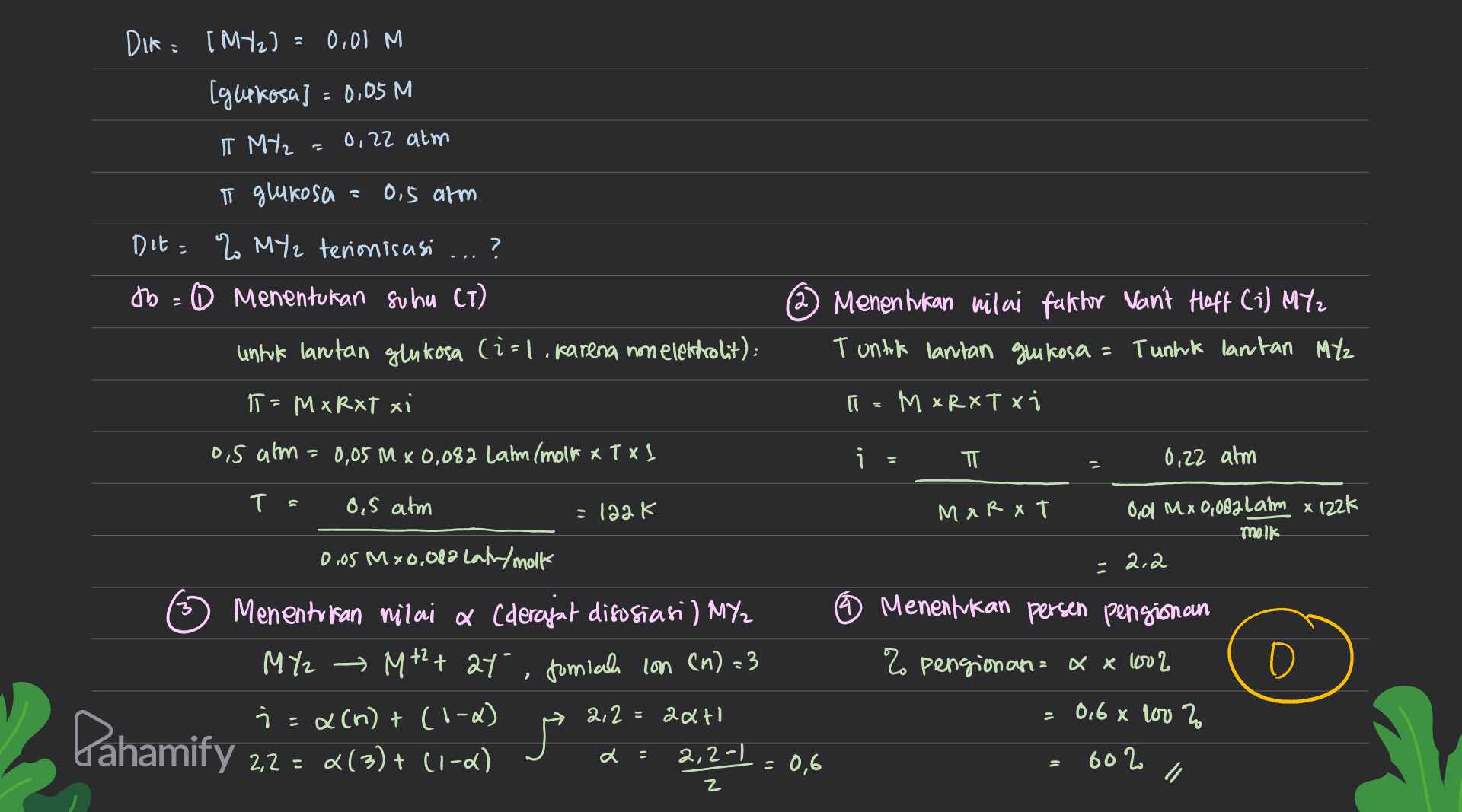 DIR= [MHz] 0.01 M [glekosa] = 0,05 M I MY2 0,22 atm π glukosa 0,5 atm Dit= % MY2 terionisasi to = 6 Menentukan suhu (7) a Menentukan nilai fakhor Van't Hoff (i) MYz Tunik lantan gukosa = Tunkk lantan MY2 untuk lantan glukosa (ial. Karena non eletholit): T = mxrxt xi ū Mxpxтxi 0,5 atm = 0,05 mx 0,082 Lahm (molt x T XI i T ㅠ 0,22 atm T T 6,5 atm = laak К MarXT 0,01 M x 0,082lam x 122k melk 0,05 M x 0,002 cal/molk : 2.2 Menentukan persen pensionan % pengionan= x x 2002 D Menentukan nilai a Cderajat difusiani) Myz MY2 → Mt+ at somial con en) = 3 i = a(n) + (1-2) 212 - aat 2,2=2(3)+ (1-2) 2,2-1 = 0,6 0.6 x 100 2 Pahamify a 602 = Z 