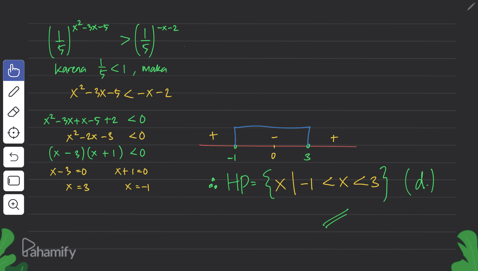(+** >()* Karena & ci, maka X=-34-5 <-X-2 + + + x²-3x+X-5t2 <o x²_2x-3 co (x - 3)(x + 1) <0 X-3=0 O + 1 5 - 이 3 . Xt1=0 a x=3 x = -1 Hp={xl-1<x<3] (d) o Dahamify 