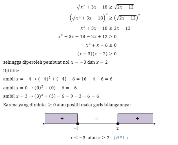 - 2 - 1x2 + 3x – 18 2 V2x – 12 (Vx2 + 3x – 18) ° > (72x – 12)? x2 + 3x – 18 2x - 12 x2 + 3x - 18 - 2x + 12 20 x2 + x - 620 (x+3)(x-2) 20 sehingga diperoleh pembuat nol x = -3 dan x = 2 Uji titik: ambil x = -4- (-4)2 + (-4) - 6 = 16 - 4-6 = 6 ambil x = 0 - (0)2 + (0) - 6= -6 ambil x = 3 → (3)+ (3) - 6 = 9+3 - 6 = 6 Karena yang diminta 20 atau positif maka garis bilangannya: → + -3 xs-3 atau x > 2 (HP1) 