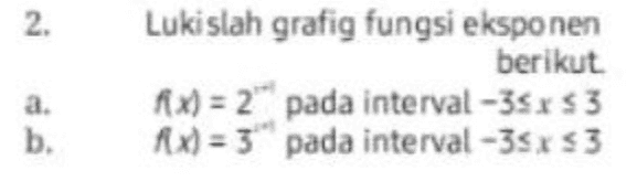 2. Lukislah grafig fungsi eksponen berikut fx) = 2*" pada interval-38 x $3 AX) = 3 pada interval -35x33 b. 