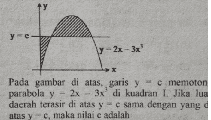 ye y=2x - 3x →X Pada gambar di atas, garis y = c memoton parabola y = 2x 3x di kuadran I. Jika lua daerah terasir di atas y = c sama dengan yang d atas y=c, maka nilai c adalah 