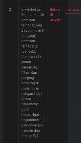 5 Jawab Belum di Jawab Pada suatu malam di sebuah rumah sakit telah lahir empat bayi. Keempat bayi tersebut bergolongan darah O, A, B, dan AB. Empat pasang orang tua mereka bergolongan darah: a. O dan o b. AB dan O C. A dan B d. B dan B Carilah pasangan orang tua yang sesuai untuk tiap-tiap bayi itu. 
2 Jawab Belum di Jawab Diketahui gen B (hitam) lebih dominan terhadap gen b (putih) dan P (panjang) dominan terhadap p (pendek). Apabila induk jantan bergenotip hitam dan panjang homozigot disilangkan dengan induk betina bergenotip putih heterozigot, bagaimanakah perbandingan genotip dan fenotip FZ? 