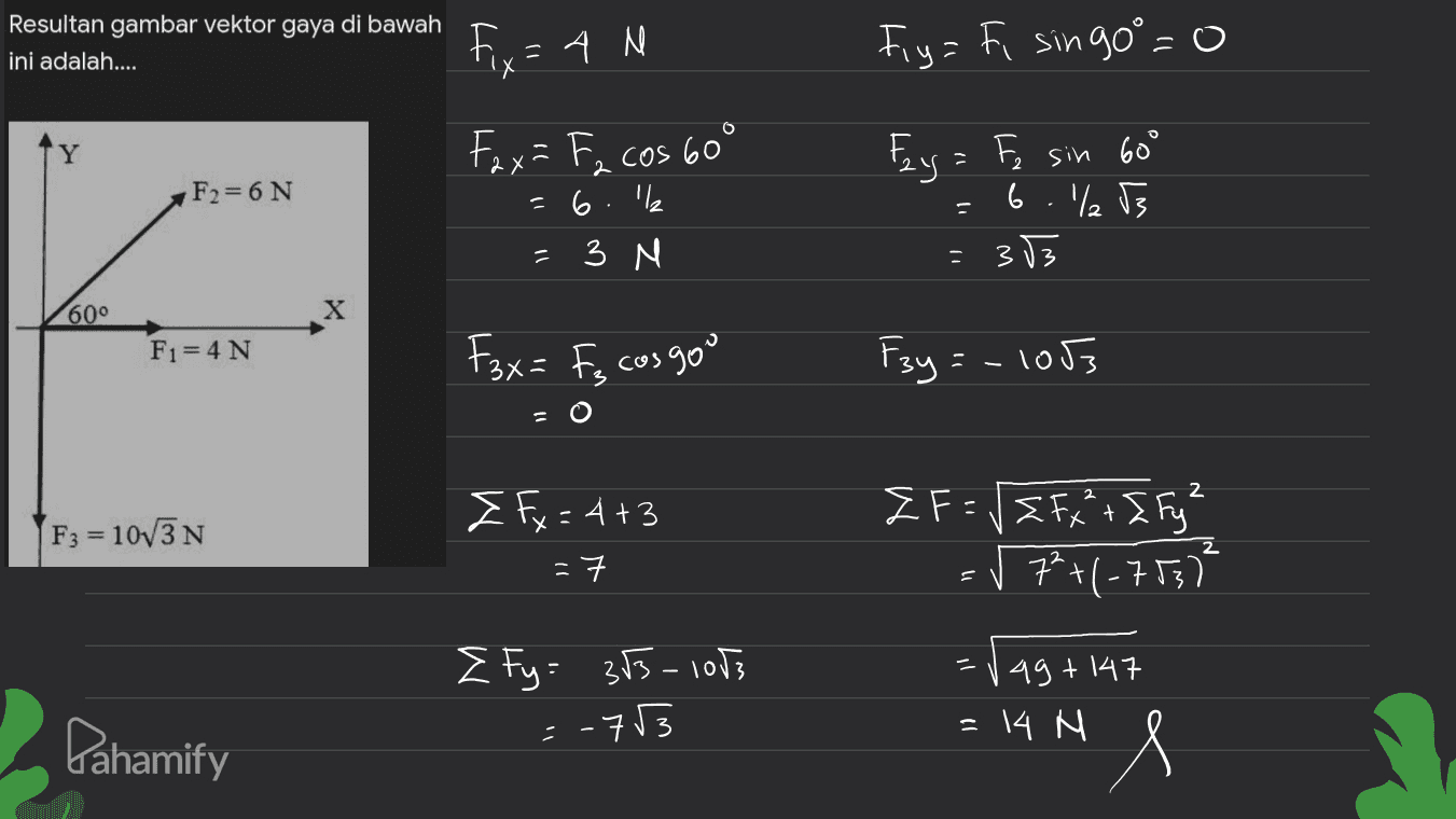 Resultan gambar vektor gaya di bawah ini adalah.... Fix=AN Fly-Fi singo°=0 Fay = Fe sin 600 F2=6N Fax = F₂ cos 60° 6.'l 3 N = 6./13 11 303 600 X F1=4N F3x = Fe cos gou F3y = -1053 2 F3 = 1073N I Fx = 4+3 = Z F = √ { F x² + I Fy =√ 7²+(-753) =rag +147 - 14 N s Z Fy: 355-1053 Pahamify =-7√3 