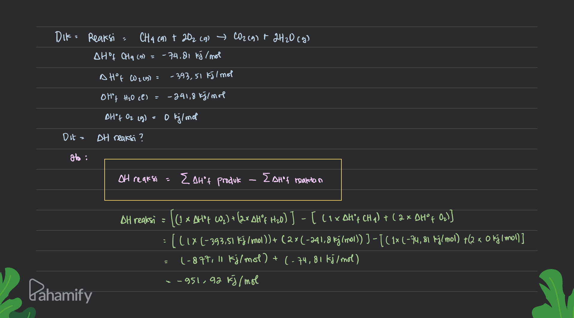 DIK= Reaksi - Chaca) + 202 (g) → CO2(g) + 2H2O(g) AH°F CHA (9) = -74.81 kj/mol A Hof W2 (9) = -393,51 kJ/mol Brf H2O cel -241,8 kJ/mol DHf Oz eg) 0 kj/mol Dit= DH reaksi? Ho : OH reaksi = {AH't produk EaHof reaktan AH reaksi = [(1xAH" (q) = (2x AH"f H20)]-[ 11xAH" CH q) + (2x DH%f Oz)] [11X (-393,51 kg/mol))+ (2*(-241,8 lej/mol)) ) -[(1x (-74,81 kg/mol) +(2 x 0 kj/mol)] (-877, 11 kj/mol) + (-74,81 kj/mol) - 951,92 kj/mol - Dahamify 