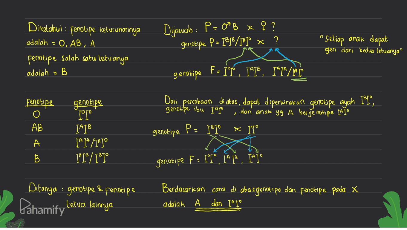 Diketahui : : fenotipe keturunannya adalah = 0, AB, A Fenotipe Salah satu tetuanya adalah - B Dijawab : P = 0°B x 9? genotipe P= 1818/IPI" * ? "Setiap anak dapat gen dari kedua tetuanya" gembipe fu JoséIMT®, I^I"/fr F^/IFT Fenotipe genotipe IPT I^IB IATA/7^J" 1*1° / 1°T° Dari percobaon di atas, dapat diperkirakan genotipe ayah IⓇI”, genotipe ibu IAP dan anak yg A berge notipe [A I° genotipe P=IBT x I^I° AB D А . genotipe f: l'I°, IAI IAI" Ditanya : genotipe & fenotipe & Berdasarkan cara di abasgenotipe dan Fenotipe pada x adalah A dan IAIO Pahamify tetua lainnya 