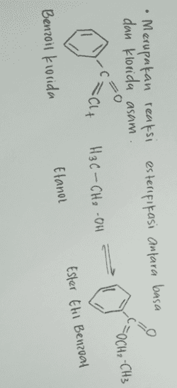 Merupakan reaksi esterifikasi antara basa dan klorida asam . ก 10,0 TOCH₂-CH3 :Clt H₃C-CH2-OH Ester Etil Benzoat Etanol Benzoil klorida 