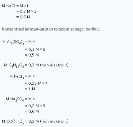 M NaCl = MXI = 0,3 MX2 = 0,6 M Konsentrasi larutan-larutan tersebut sebagai berikut. MA12(SO2), =Mxi 0,1 M 35 = 0,5 M M C6H1206 = 0,3 M (non elektrolit) MFeCl3 =Mxi = 0,25 MX4 = 1 M M Na2SO4 =Mxi = 0,2 MX3 = 0,6M M CO(NH2), = 0,3 M (non elektrolit) 