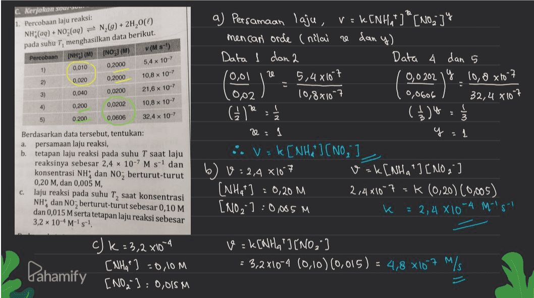 kerjakan soura 1. Percobaan laju reaksi: NH;(aq) + NO3(aq) = N2(g) + 2H,00 pada suhu T, menghasilkan data berikut. Percobaan (NH) (M) (NO;1(M) v(MS-1) 1 0,010 0,2000 5,4 x 10-7 0,020 0,2000 10,8 x 10-7 0,040 0,0200 21,6 x 10-7 0.0202 10,8 x 10-7 ne 2) 3) 4) 0,200 a) Persamaan laju, Ek En Hat] [10.14 mencan orde (nilai ne dan y) Data I can 2 Data 4 dan 5 10,01 5,48107 0,0 202 y 10,8 x to -7 022 10,8810*7 0,0606 32,4810²7 G ( 1 ) 4 1 V = 1 V : k[NH ( No.1 b) 0= 2,4x107 v=k[NHA] [NO 2 (N Hat ] : 0,20 M 2,4*10*7 = K (0,20) (0,005) [NO2-] 0,085 M k = 2,21 X 10-4 M-1S-1 32,4 x 10-7 2 0.200 0,0606 5) 3 Berdasarkan data tersebut, tentukan: a. persamaan laju reaksi, b. tetapan laju reaksi pada suhu T saat laju reaksinya sebesar 2,4 x 10-7 M s-1 dan konsentrasi NH dan NO; berturut-turut 0,20 M, dan 0,005 M, laju reaksi pada suhu T, saat konsentrasi NH, dan NO, berturut-turut sebesar 0,10 M dan 0,015 M serta tetapan laju reaksi sebesar 3,2 x 10-6 M-15-1 C. : c) k = 3,2x104 [NHG] =0,10m Pahamify [NO2 ]: 0,015m v : K[WHAT I (NO2) = 3,2x10-4 (0,10) (0,015) = 4,8 x107 m/s 