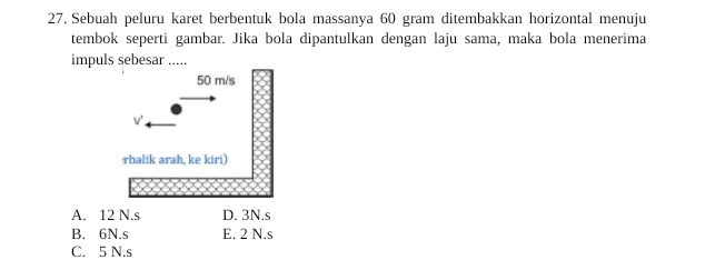 27. Sebuah peluru karet berbentuk bola massanya 60 gram ditembakkan horizontal menuju tembok seperti gambar. Jika bola dipantulkan dengan laju sama, maka bola menerima impuls sebesar ..... 50 m/s rbalik arah, ke kiri) A. 12 N.S B. N.S C. 5 N.S D. 3N.S E. 2 N.s 