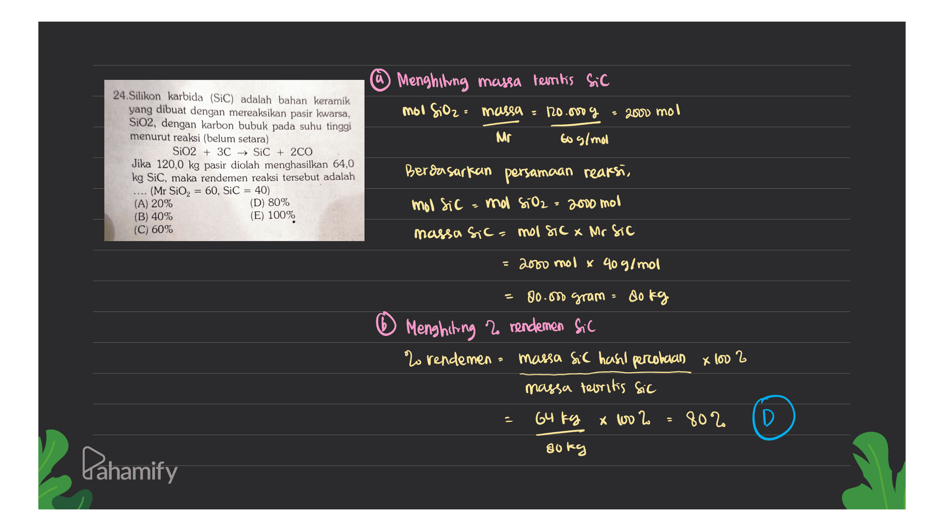 Menghihing massa termilis Sic 2000 mol moo SiO2= massa = 120.000 g Mr 60 g/mol 24.Silikon karbida (SIC) adalah bahan keramik yang dibuat dengan mereaksikan pasir kwarsa, SiO2, dengan karbon bubuk pada suhu tinggi menurut reaksi (belum setara) SiO2 + 3C → SiC + 2CO Jika 120,0 kg pasir diolah menghasilkan 64,0 kg SiC, maka rendemen reaksi tersebut adalah (Mr SiO2 = 60, SiC = 40) (A) 20% (D) 80% (B) 40% (E) 100% (C) 60% Berdasarkan persamaan reaksi, mol sic mol SiO2 2 . 2000 mol massa sica mol sic x Mr Sic = 2000 molt 409/mol 80.000 gram = do kg Menghihing z rendemen Sic % rendemen = massa sic hasil percobaan x 100 massa teoritis Sic 64 kg x 102 802 D sokg Pahamify 