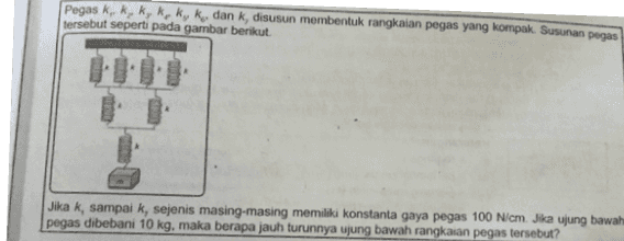 Pegas k, k, k, kk, k, dan k, disusun membentuk rangkaian pegas yang kompak. Susunan pegas tersebut seperti pada gambar berikut. Jika k, sampai k, sejenis masing-masing memiliki konstanta gaya pegas 100 N/cm. Jika ujung bawah pegas dibebani 10 kg, maka berapa jauh turunnya ujung bawah rangkaian pegas tersebut? 