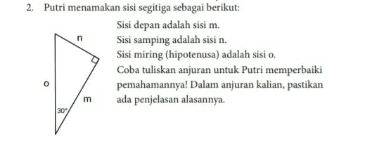 2. Putri menamakan sisi segitiga sebagai berikut: Sisi depan adalah sisi m. Sisi samping adalah sisi n. Sisi miring (hipotenusa) adalah sisi o. Coba tuliskan anjuran untuk Putri memperbaiki pemahamannya. Dalam anjuran kalian, pastikan ada penjelasan alasannya. o m 30" 