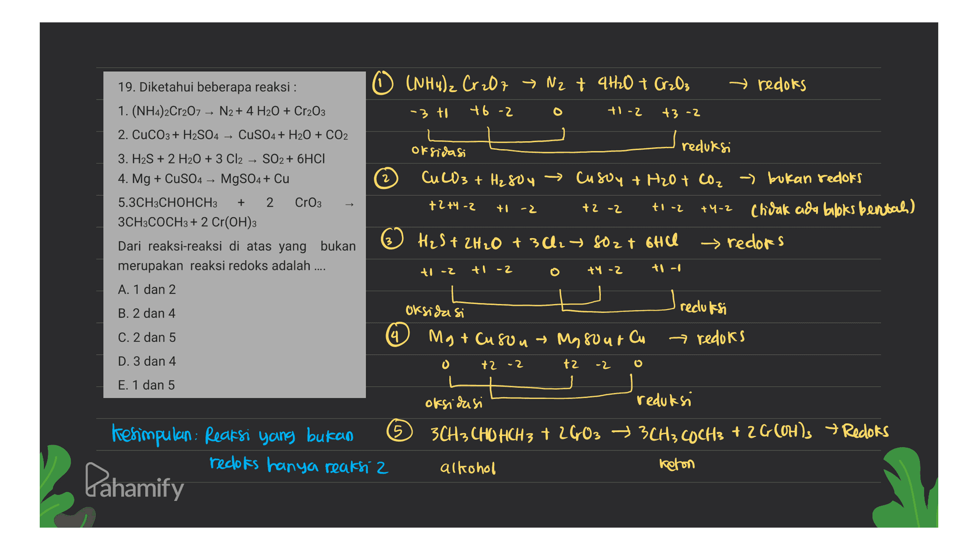 (NH4)2 Cr ₂07 » N2 + 4H2O + Cr₂O₃ → redoks -3 to +6 -2 O +1 -2 43 -2 2 19. Diketahui beberapa reaksi : 1. (NH4)2Cr2O7 – N2 + 4 H2O + Cr203 2. CuCO3 + H2SO4 CuSO4 + H2O + CO2 3. H2S + 2 H2O + 3 Cl2 → SO2 + 6HCI 4. Mg + CuSO4 → MgSO4 + Cu 5.3CH3CHOHCH3 + 2 CrO3 3CH3COCH3 + 2 Cr(OH)3 Dari reaksi-reaksi di atas yang bukan merupakan reaksi redoks adalah .... A. 1 dan 2 oksidasi reduksi CHCO3 + H₂SO4 → Cusoy + H2O + CO₂ - bokan redors +2+4-2 Chidak ada blloks bentah) ③ H₂S + 2H2O + 3Cl2 → SO2 + 6HCl → redors +1 -2 +2 -2 tl -2 +4-2 tl -2 +1 -2 +4 -2 tl -1 reclutsi B. 2 dan 4 oksida si Mg + Cuson Masour cu C. 2 dan 5 (4 redoks D. 3 dan 4 O +2 -2 t2 -2 0 E. 1 dan 5 oksidasi reduks Kesimpulan: Reaksi yang bukan © 3CH3 CHO HCH3 + 2603 + 3CH3 COCH3 + 2G (OH)3 + Redoks 5 recots hanya reaksi 2 alkohol keton Pahamify 